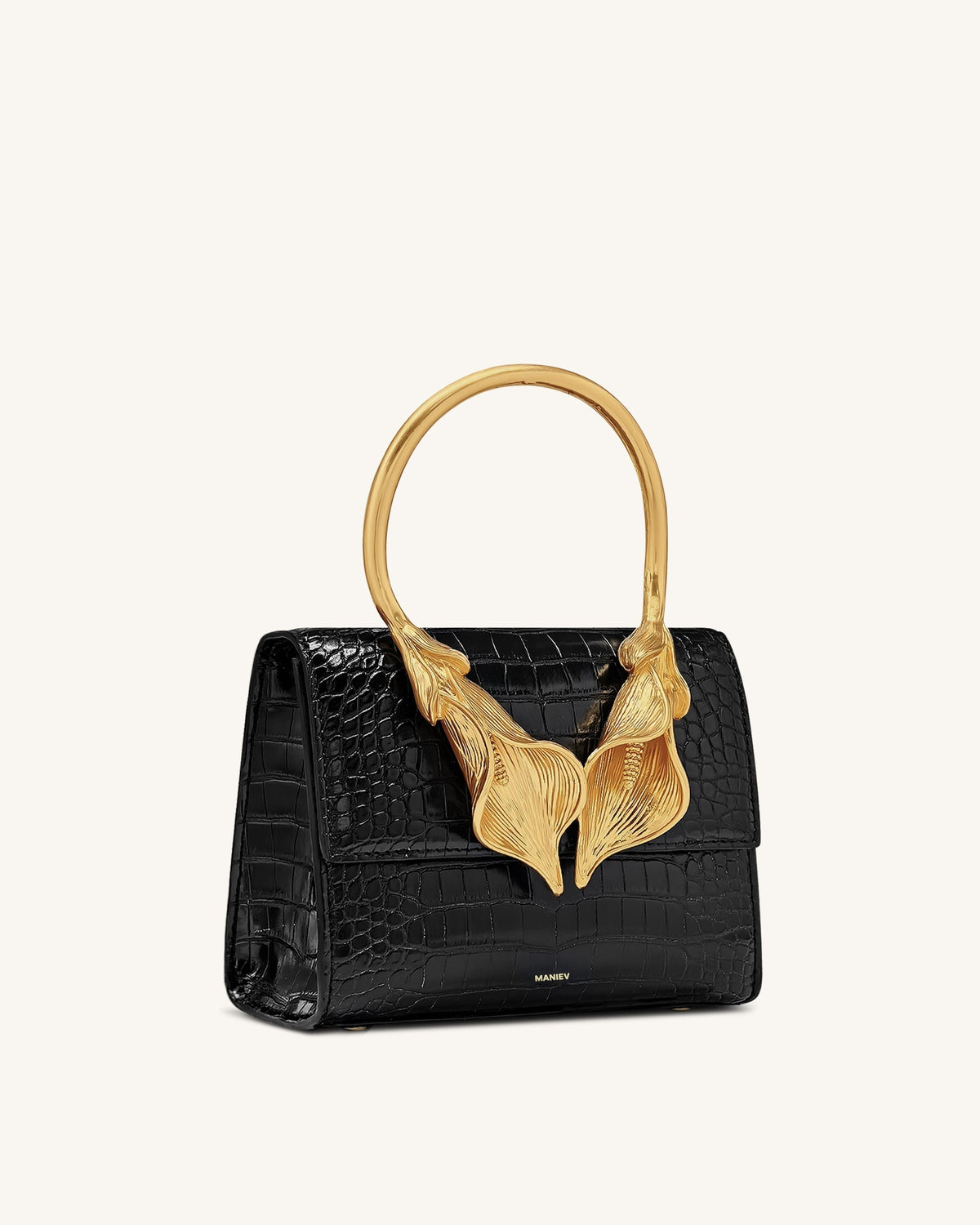 Astrid Calla Lily Metal Handle Top Handle Bag - Black Croc