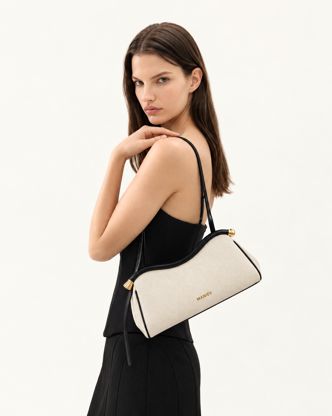 Naomi Curved Shoulder Bag - Black Canvas