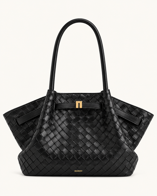 Hana Medium Weave Texture Tote Bag - Black
