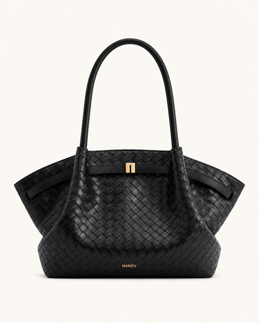 Hana Large Weave Texture Tote Bag - Black
