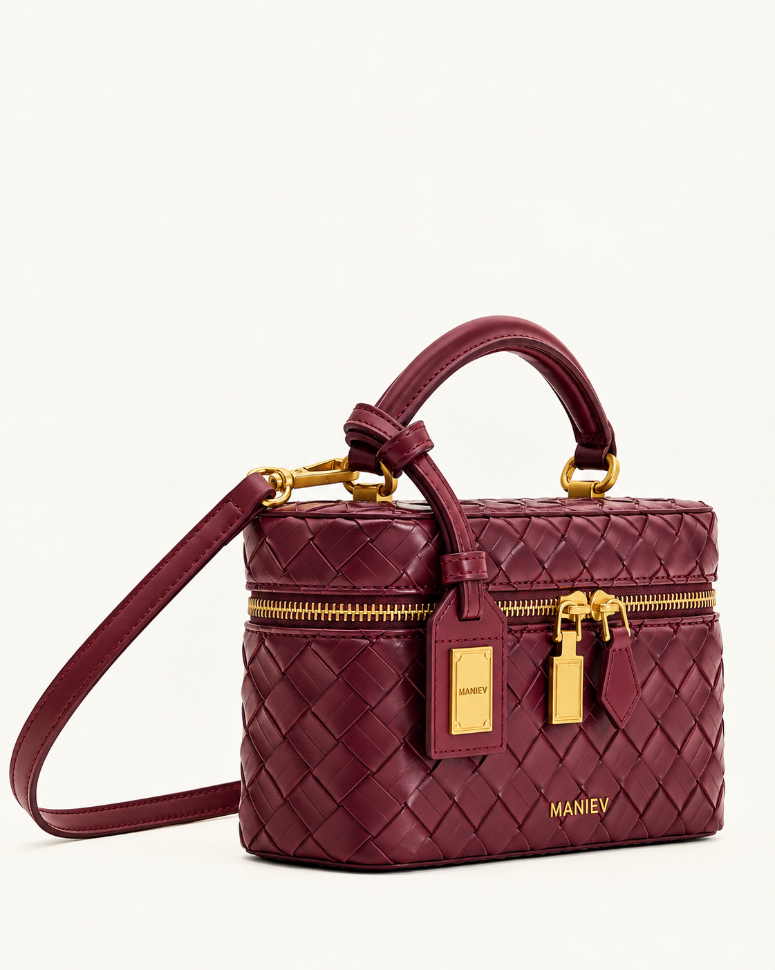 Cleo Woven Texture Box Shape Top Handle Bag - Claret