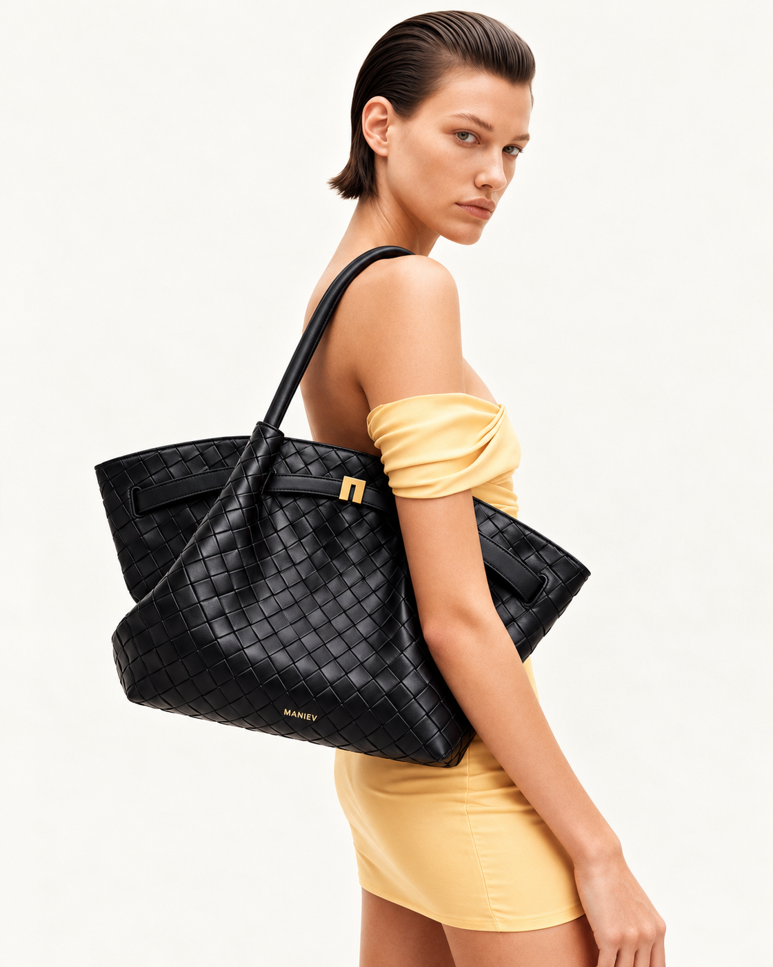 Hana Medium Weave Texture Tote Bag - Black