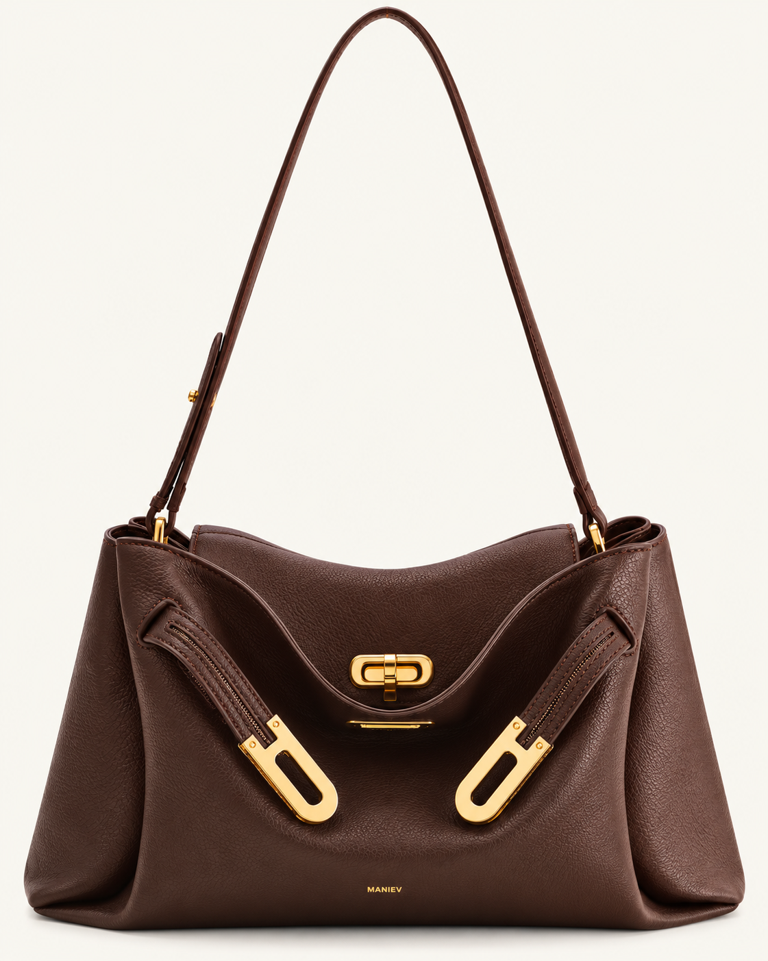 Rhea Pebbled Double Buckle Shoulder Bag - Dark Brown