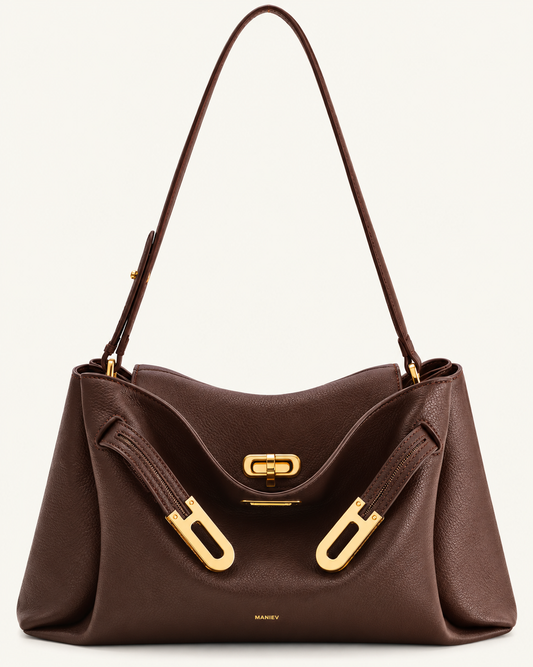 Rhea Pebbled Double Buckle Shoulder Bag - Dark Brown