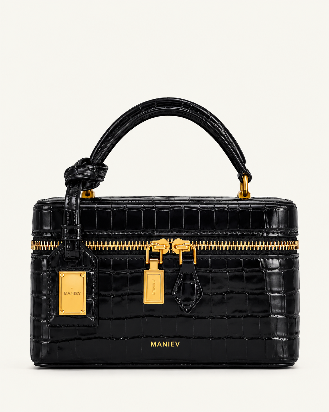 Cleo Box Shape Top Handle Bag - Black Croc