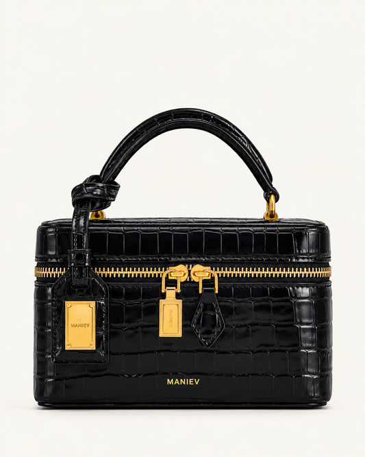 Cleo Box Shape Top Handle Bag - Black Croc