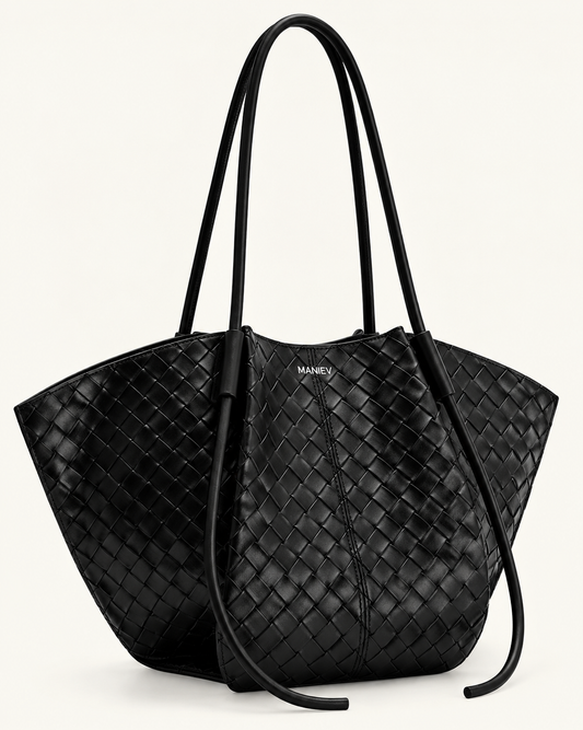 Nala Wide Weave Texture Tote Bag - Black