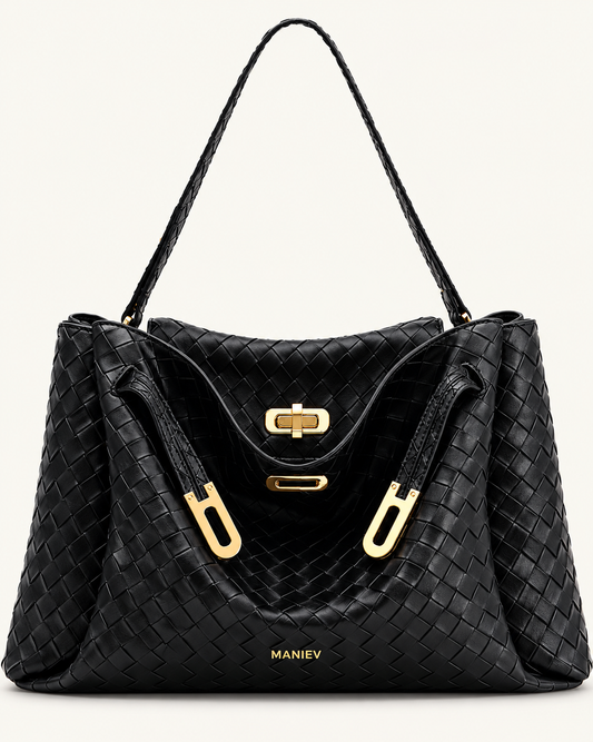 Rhea Large Woven Textured Shoulder Bag - Black