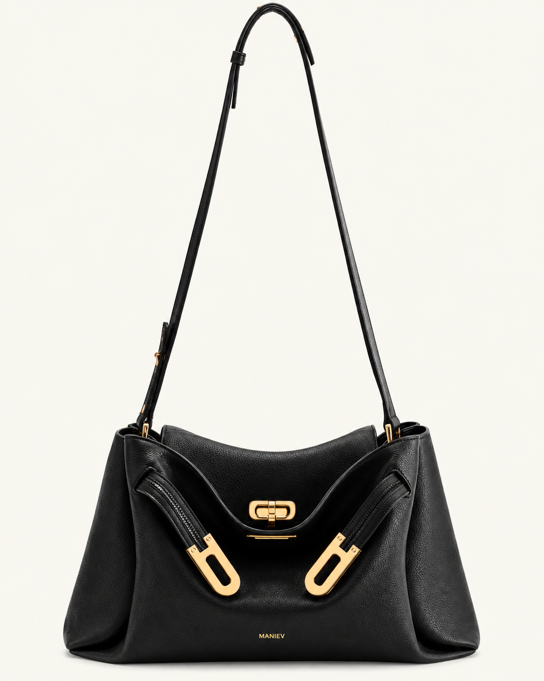 Rhea Pebbled Double Buckle Shoulder Bag - Black