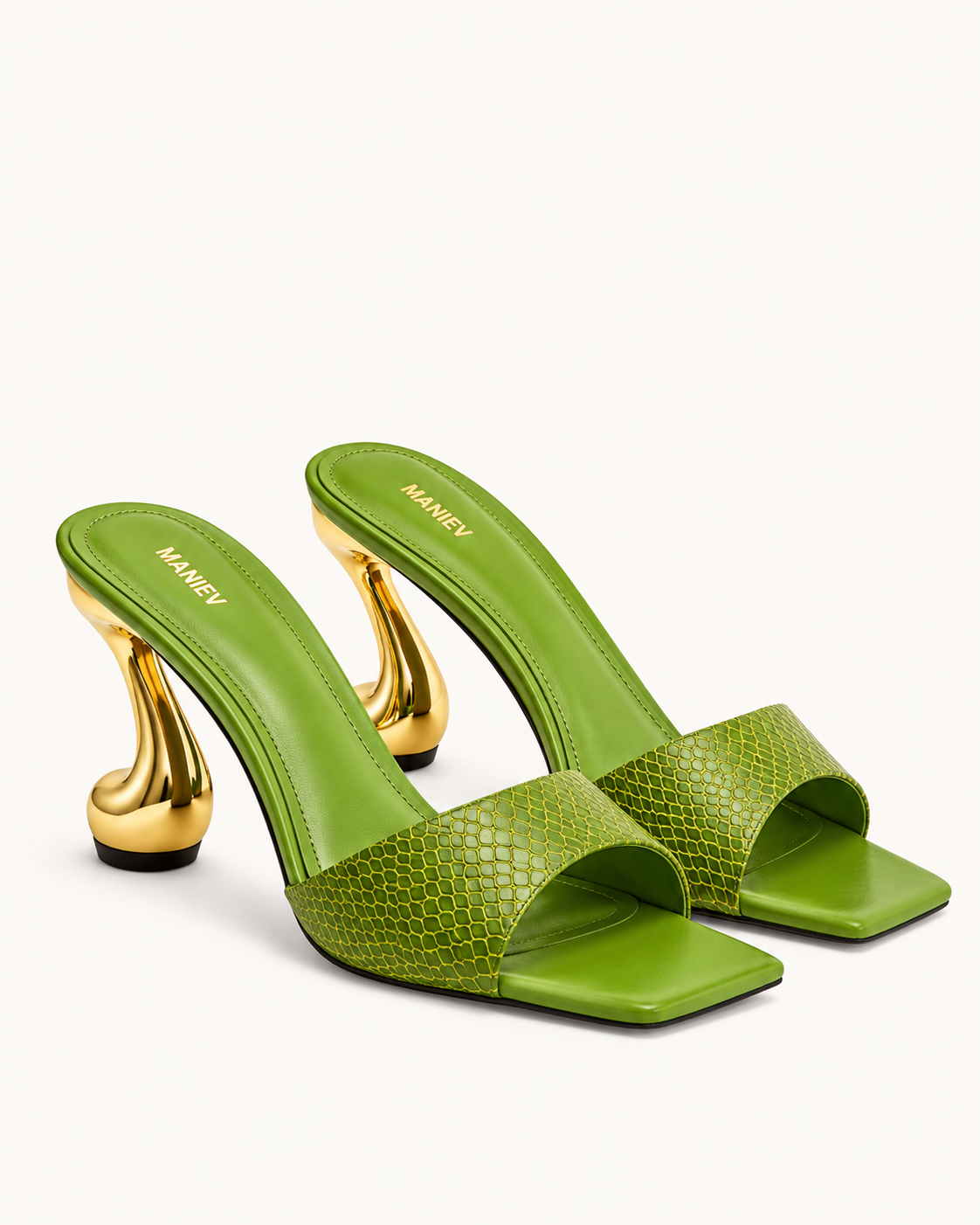 Hannah Snakeskin Heel Mules - Green