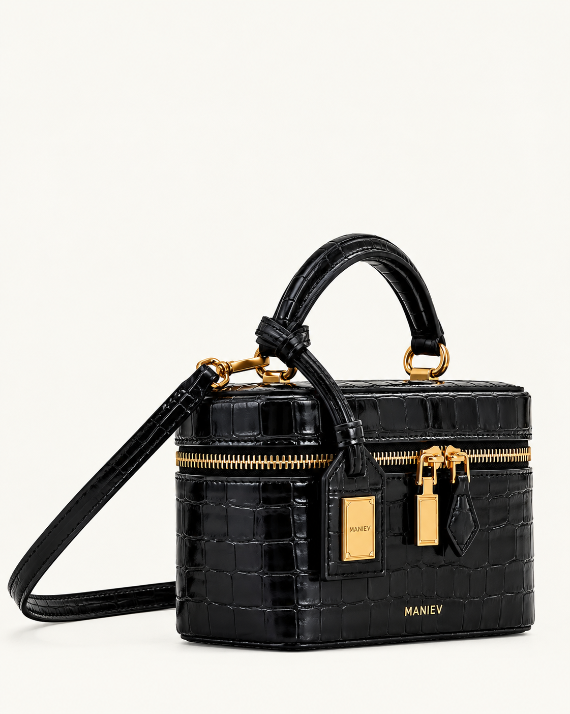 Cleo Box Shape Top Handle Bag - Black Croc