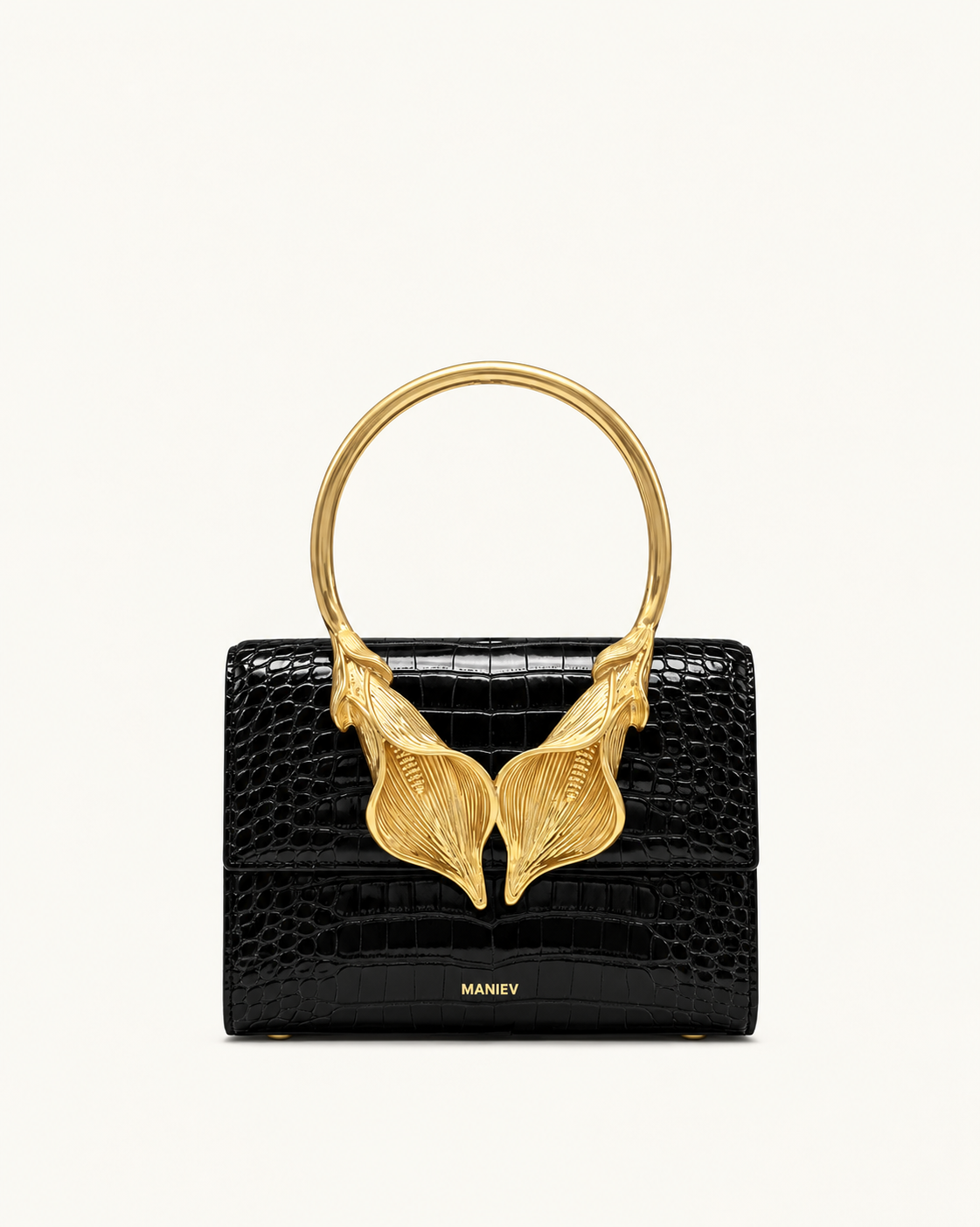 Astrid Calla Lily Metal Handle Top Handle Bag - Black Croc