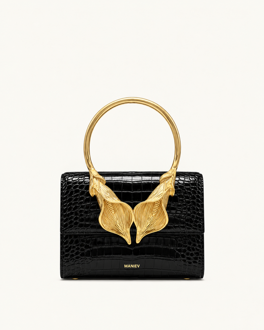 Astrid Calla Lily Metal Handle Top Handle Bag - Black Croc