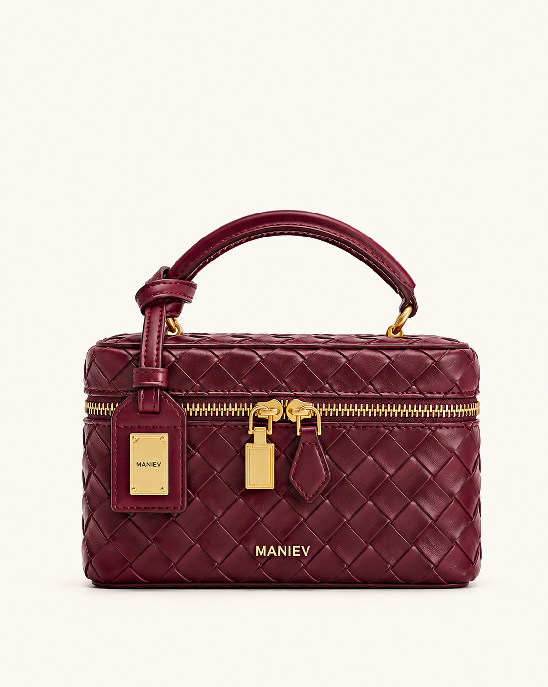Cleo Woven Texture Box Shape Top Handle Bag - Claret