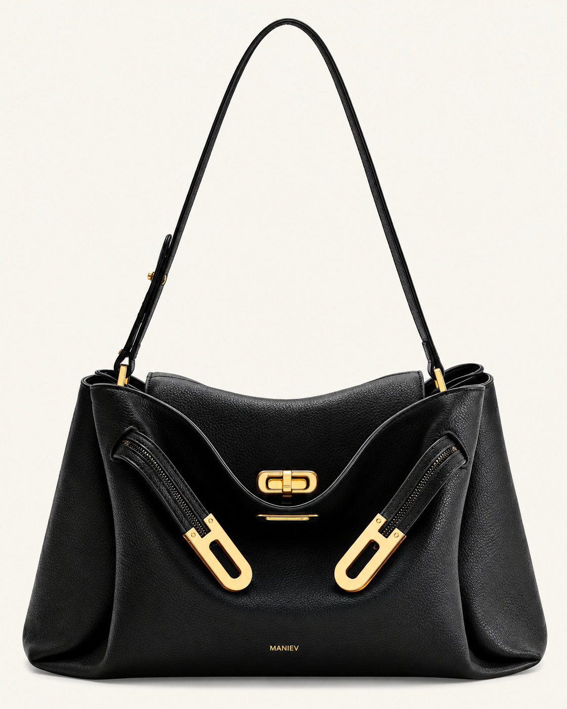 Rhea Pebbled Double Buckle Shoulder Bag - Black