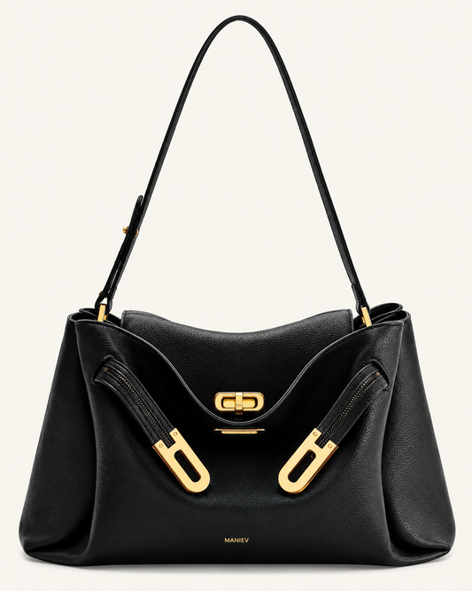 Rhea Pebbled Double Buckle Shoulder Bag - Black