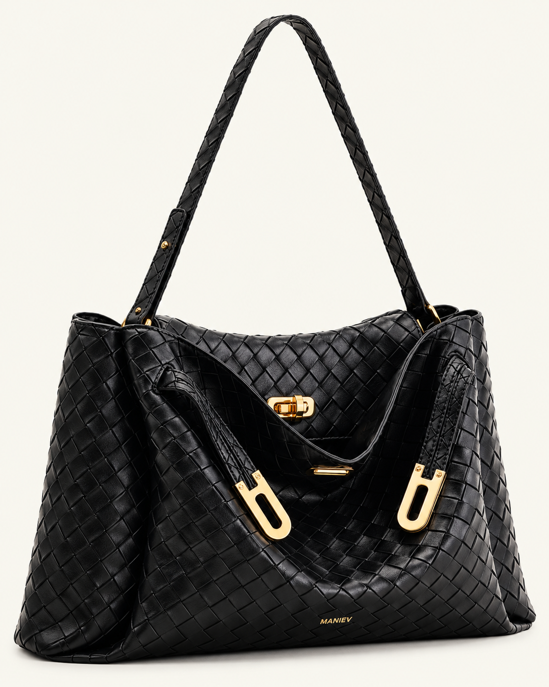 Rhea Large Woven Textured Shoulder Bag - Black